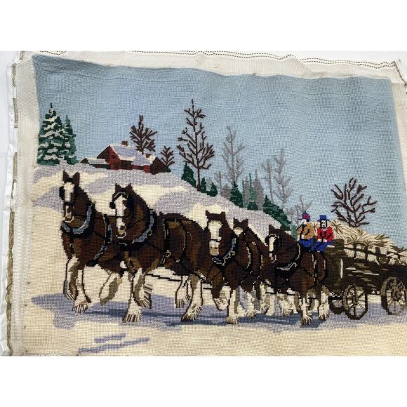 Vintage Needlepoint Clydesdale Horses Amish Winter Scene Wagon 70's Picture - Picture 2 of 12